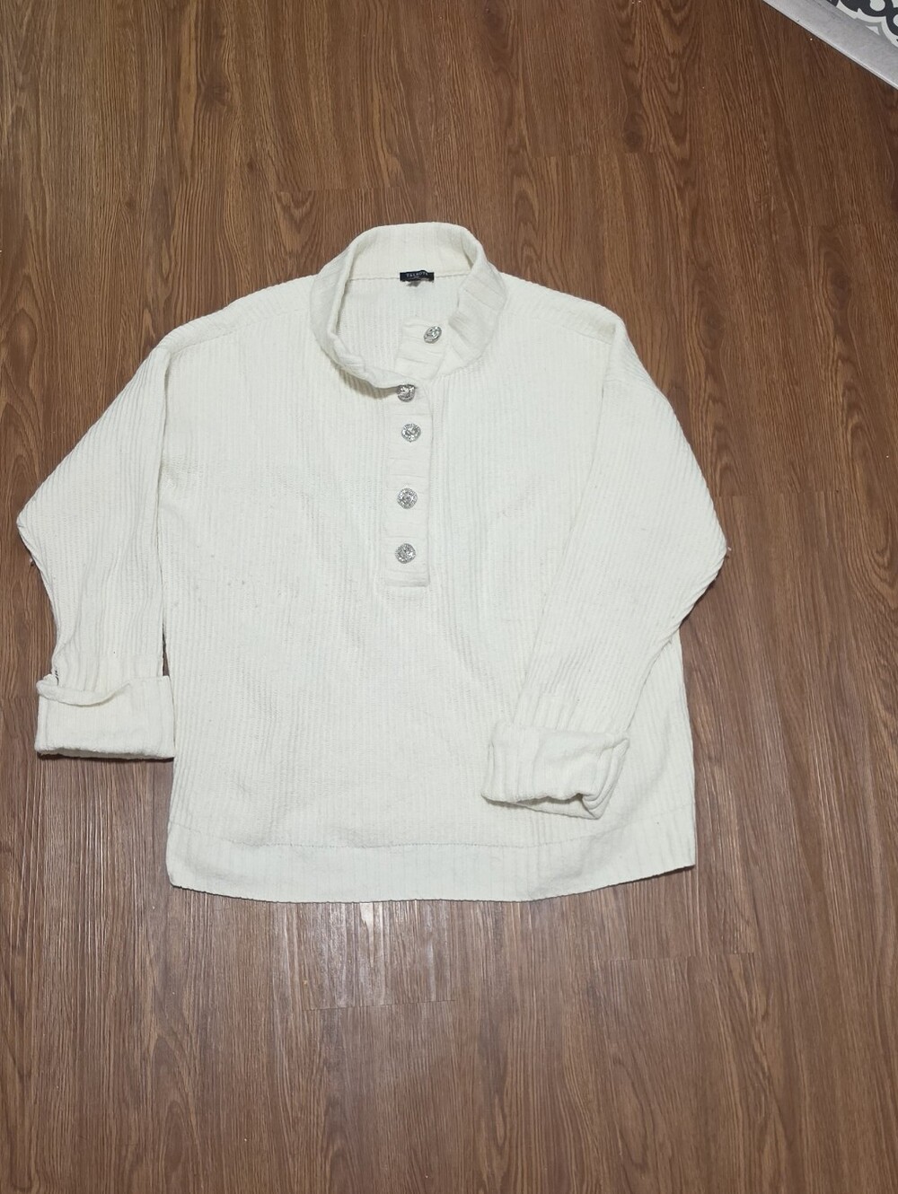 Talbots Plus Cream Ribbed Button-Up Sweater
